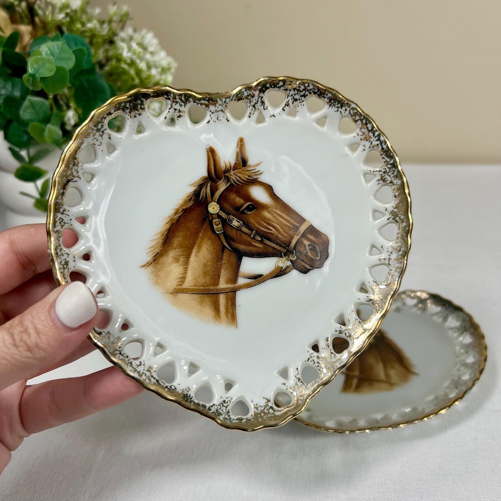 Vintage Heart-Shaped Horse Decorative Plates w/ Gold Trim | Set of 2
